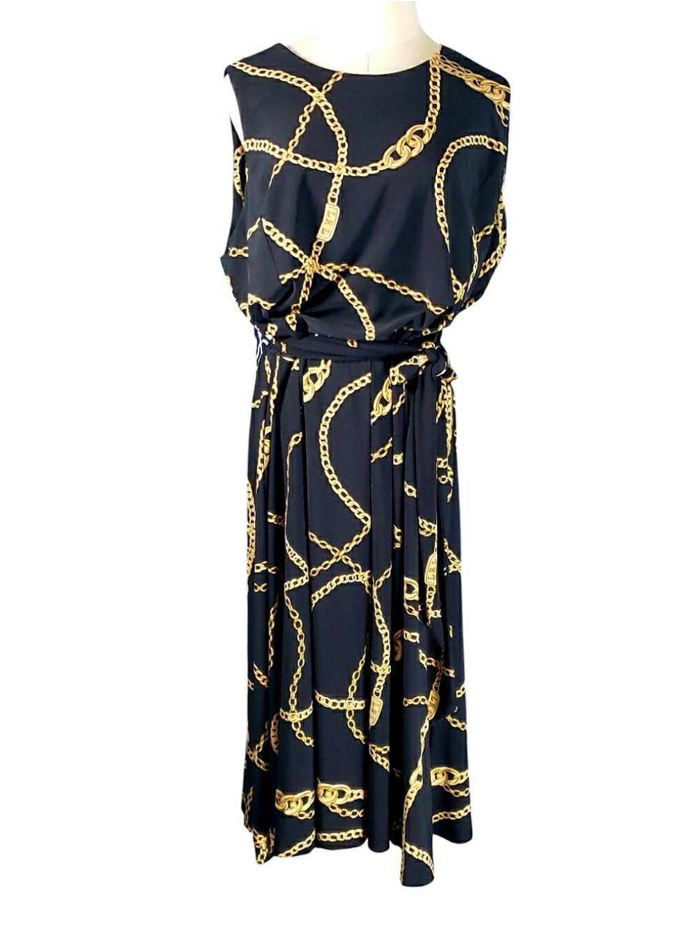 Lauren Ralph Lauren Vintage Black & Gold Chain Print Sleeveless Maxi Dress 16W